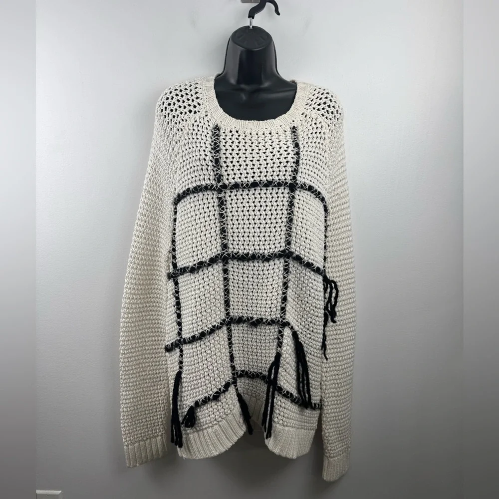 Tory Burch Women Cotton Open Knit Wool Grid Pattern Longline Sweater Size Large